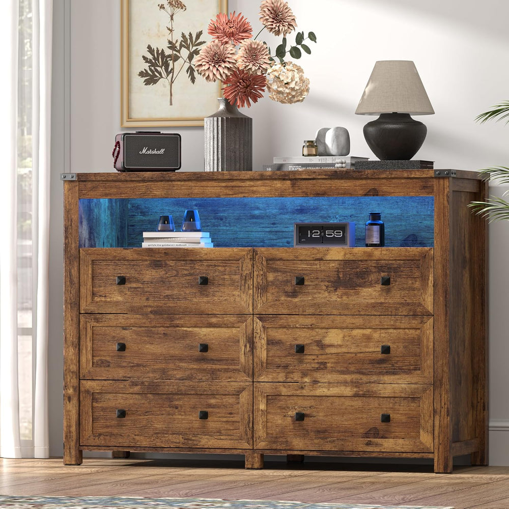 Xixini Dresser for Bedroom with 6 Drawers, LED Lights, Power Outlet, Brown
