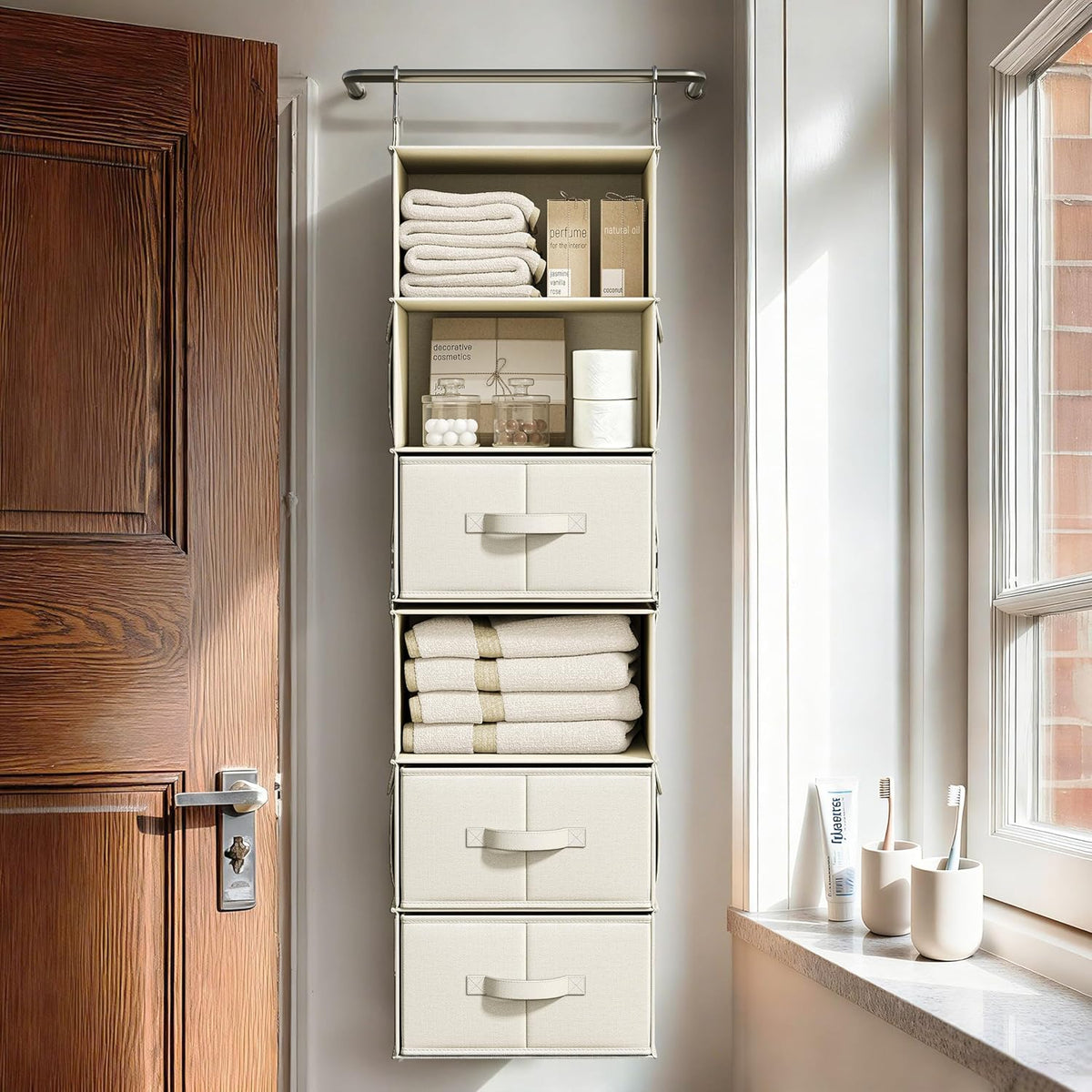 6-shelf hanging closet organizer with 3 drawers, 2-in-1, front angle view