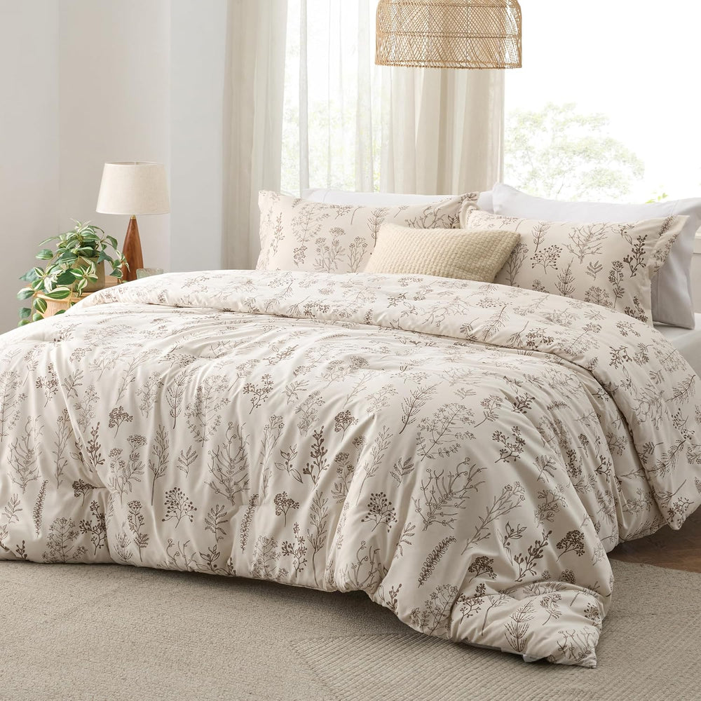 Bedsure Floral Comforter Set Cute Bedding Set Queen Reversible Beige
