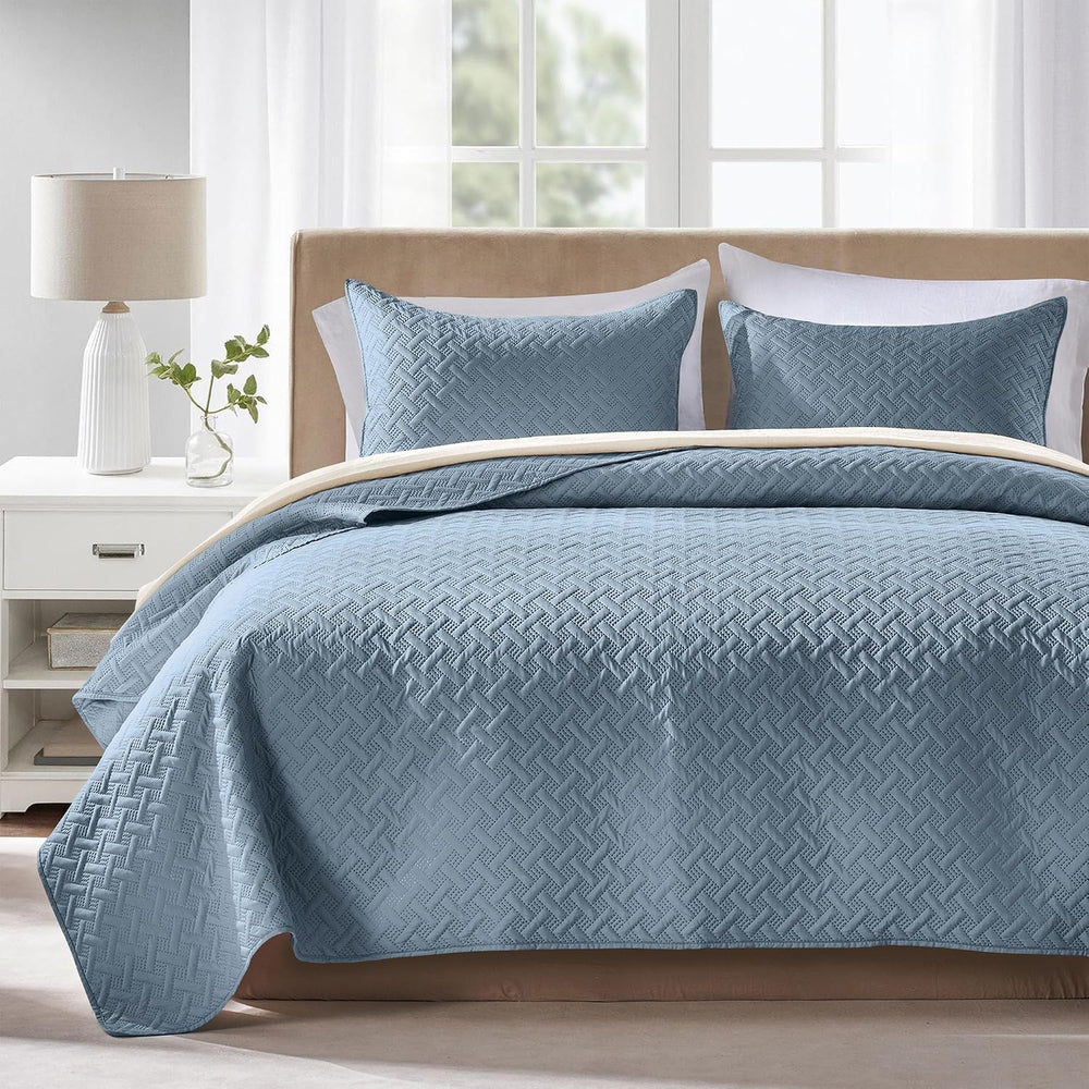 FLYMME Quilts King Size,Lightweight Dusty Blue Bedspreads,Basket Weave Patter...