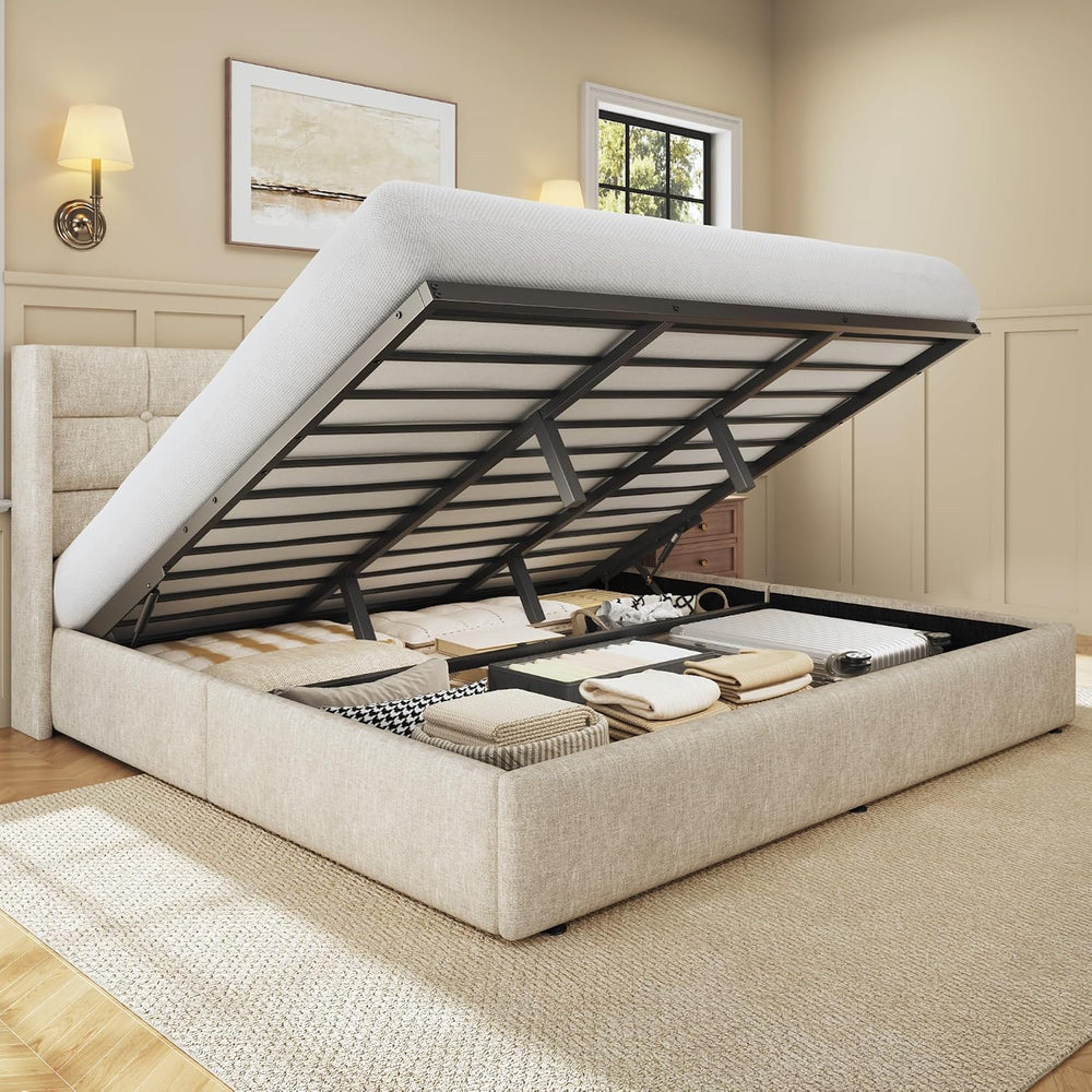 HISOFT King Size Lift Up Storage Bed Frame, Linen Upholstered Platform Bed wi...