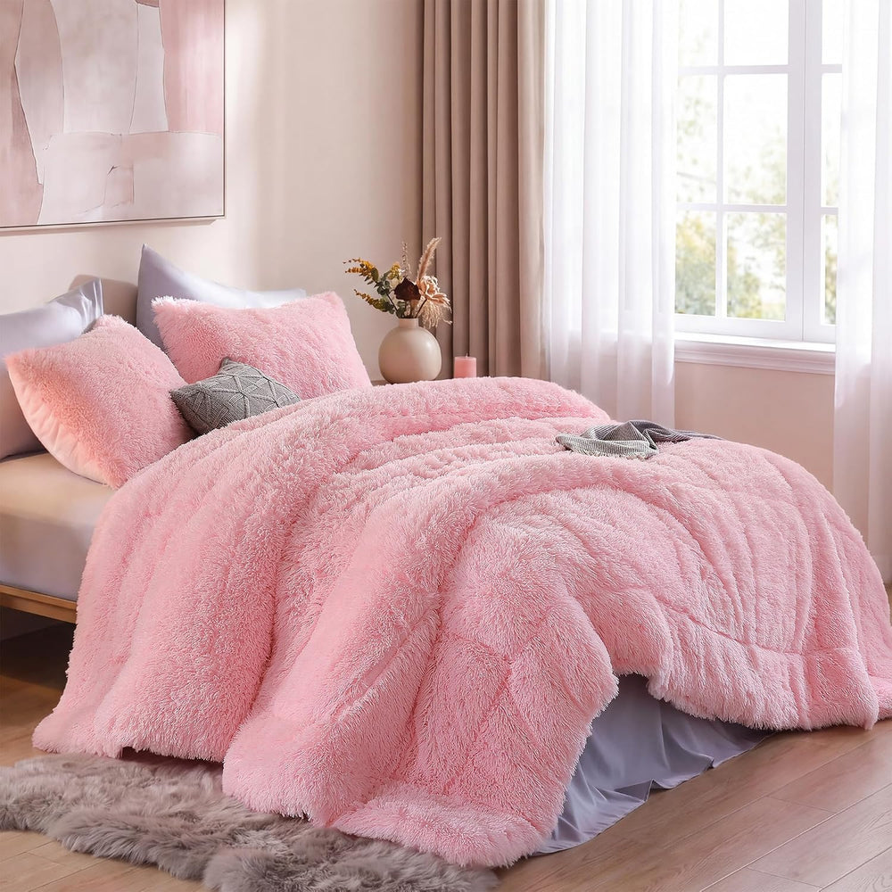 Fluffy Queen Comforter Set, Faux Fur Pink Comforter Set 3 Pcs