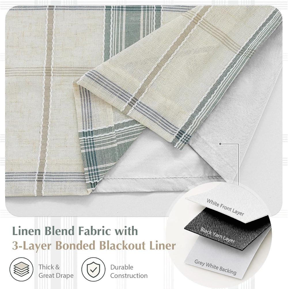DriftAway 100% Blackout Plaid Linen Chenille Curtains 84 Inches Loden Green