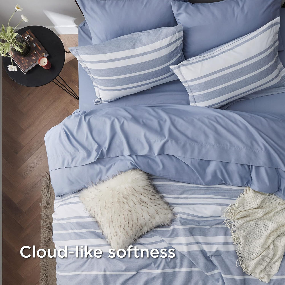 Bedsure Full Comforter Set 7 Pc, Blue Striped, Reversible, All-Season