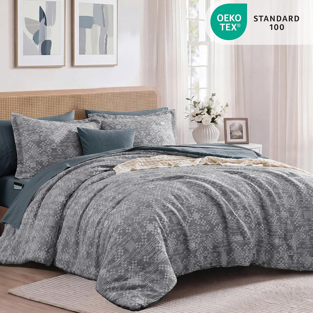 MaiRêve King Size Comforter Set Crinkle Textured Navy Bedding Set 7 Pieces