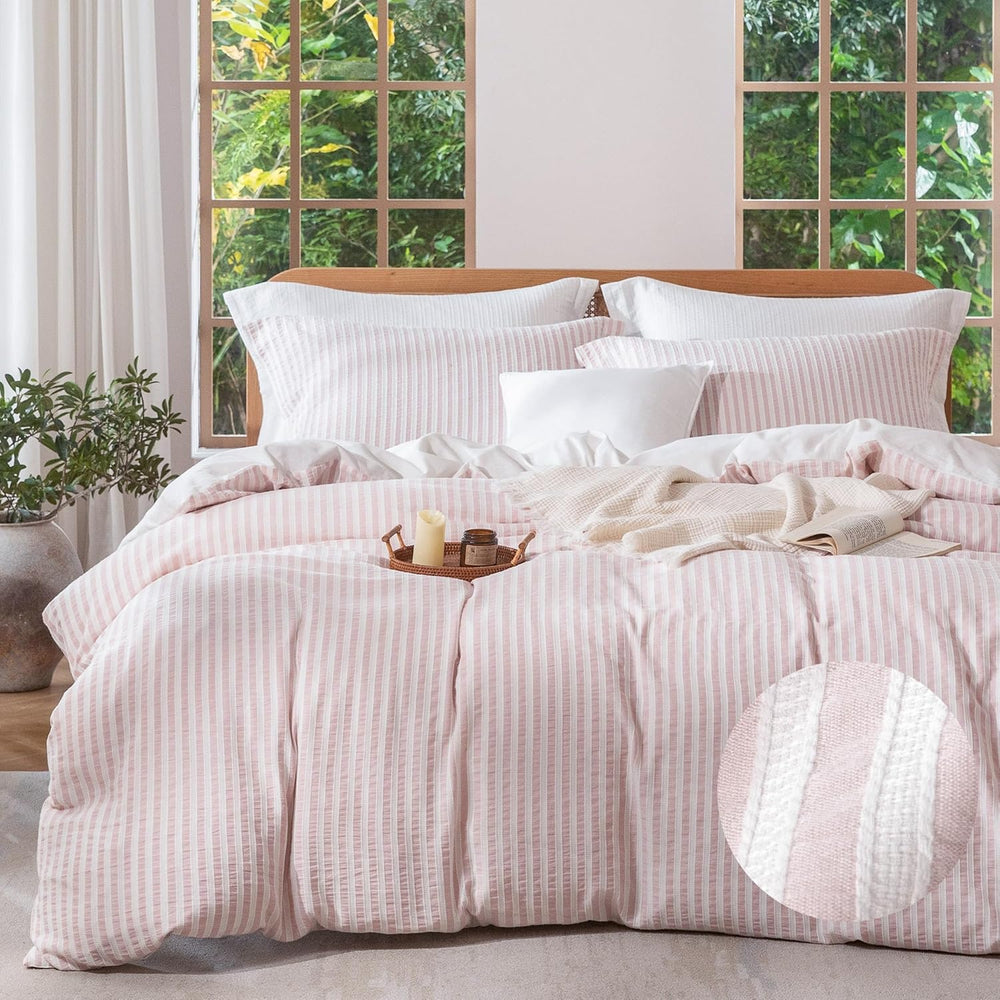 MILDLY Jacquard Striped Duvet Cover Set 3pcs Dual Zipper Pink Full