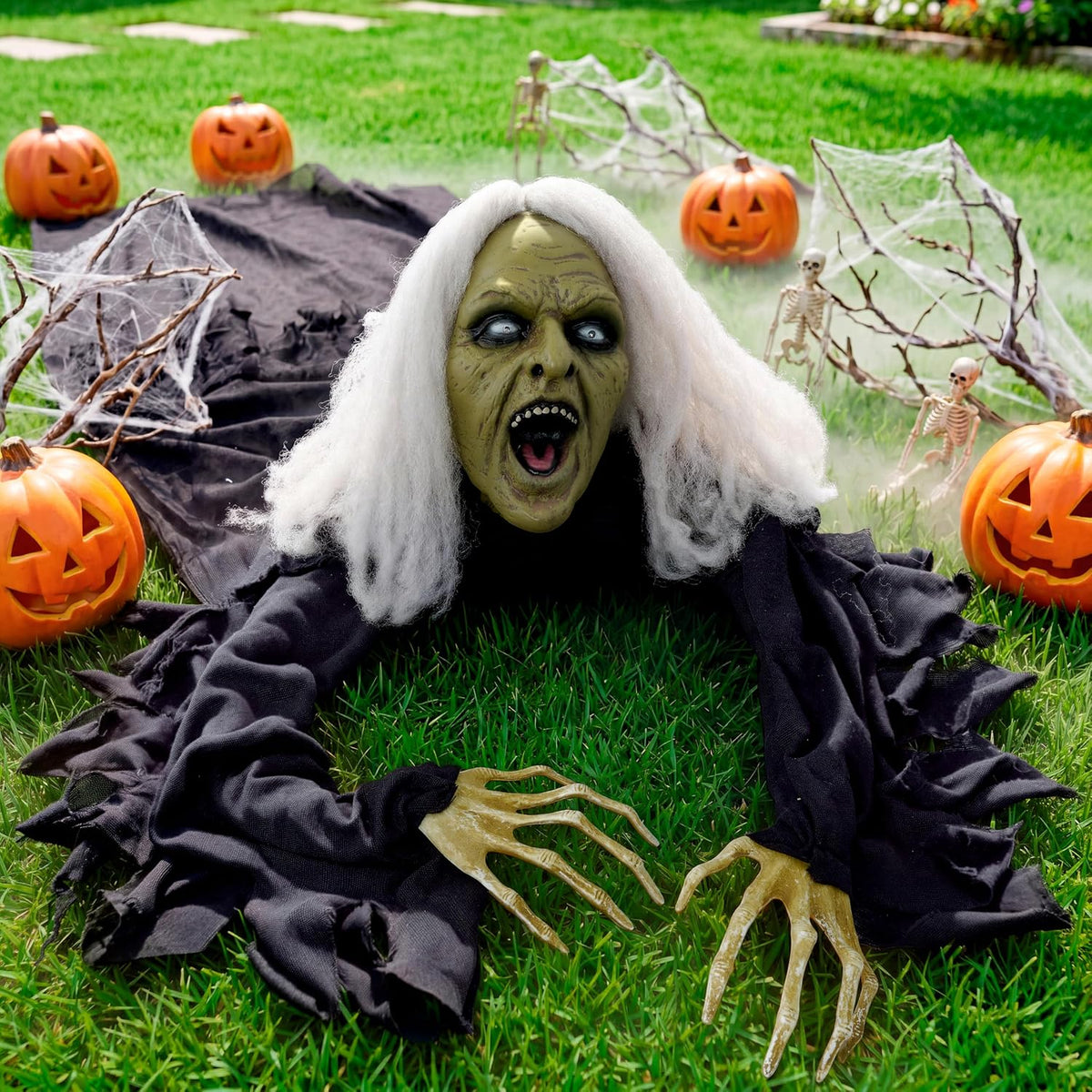 JOYIN Zombie Halloween Decoration Outdoor Witch Groundbreaker Halloween Graveyard Decor Outside, Scary Zombie Props with Sound Effect & Lighted Eyes for Haunted House, Lawn Yard Decorations