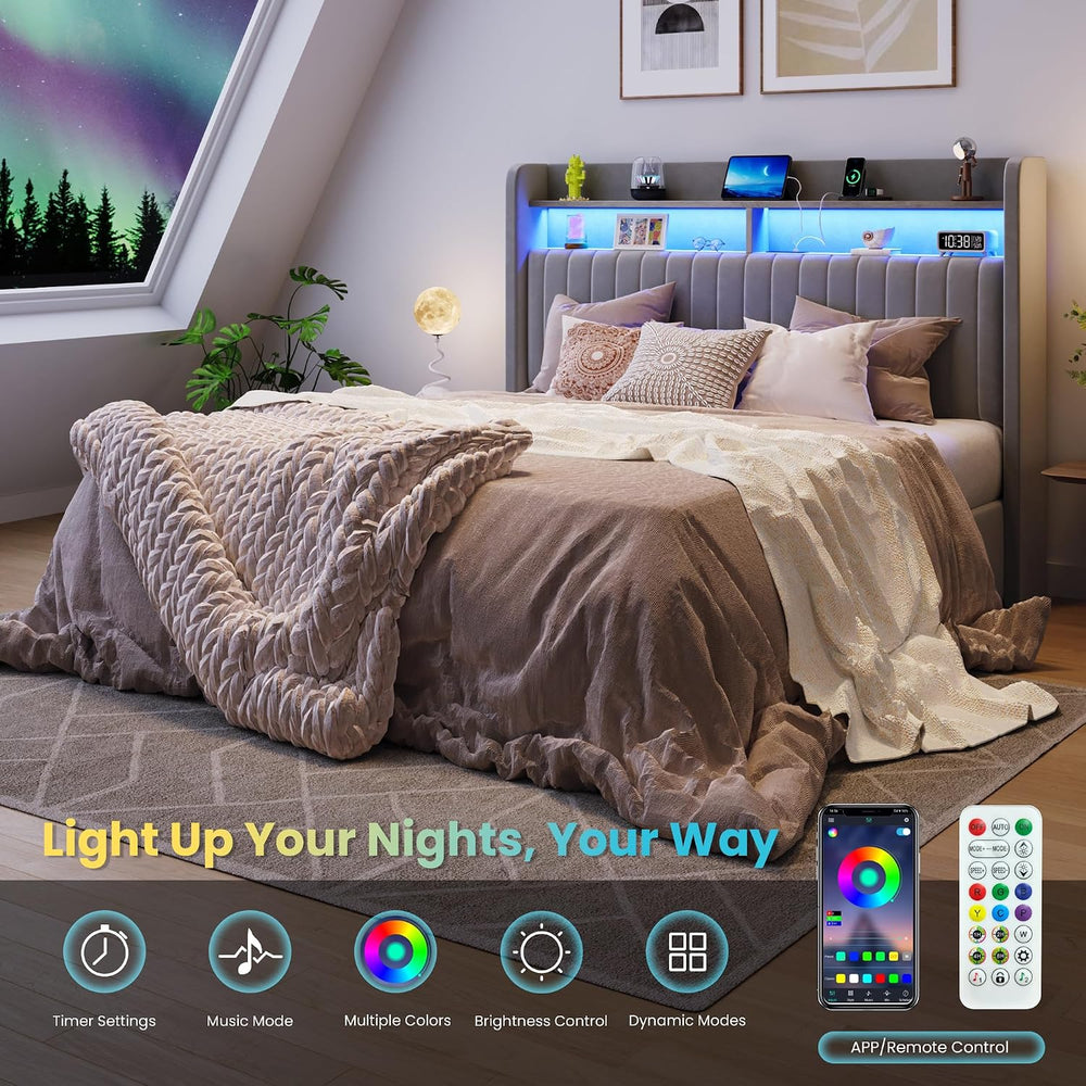 SHA CERLIN Full Size LED Lift Up Storage Bed Frame Charging Station, Grey
