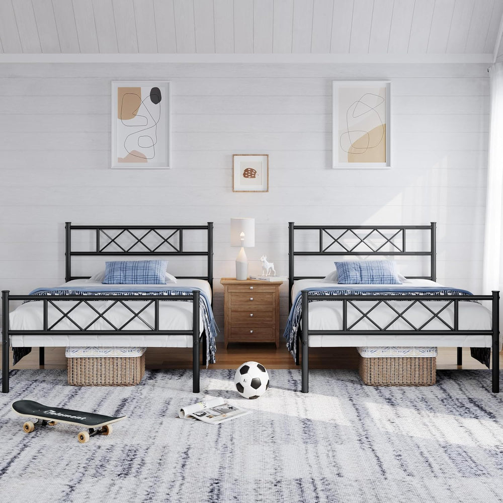 Yaheetech 2pcs Twin Metal Platform Bed Frame with Headboard Footboard Black