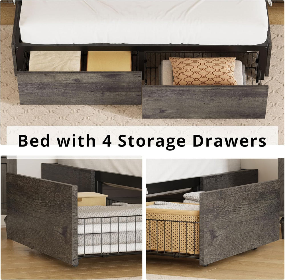 LIKIMIO Queen Bed Frame with 4 Storage Drawers, Charcoal Grey