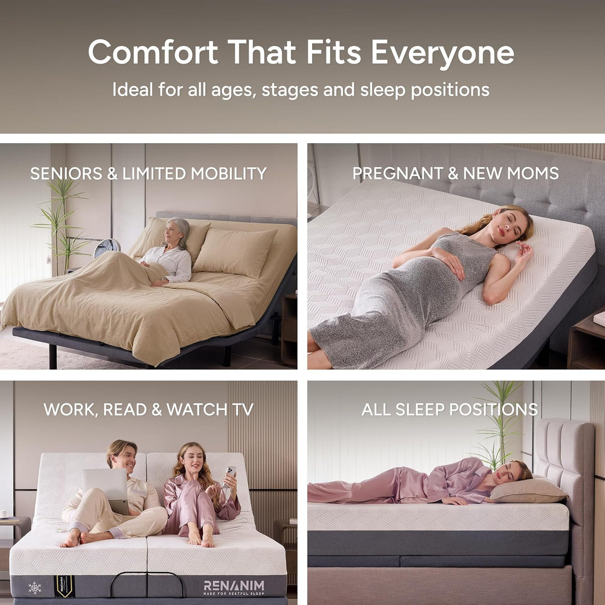 sfe split king adjustable bed frame with mattress, front angle view