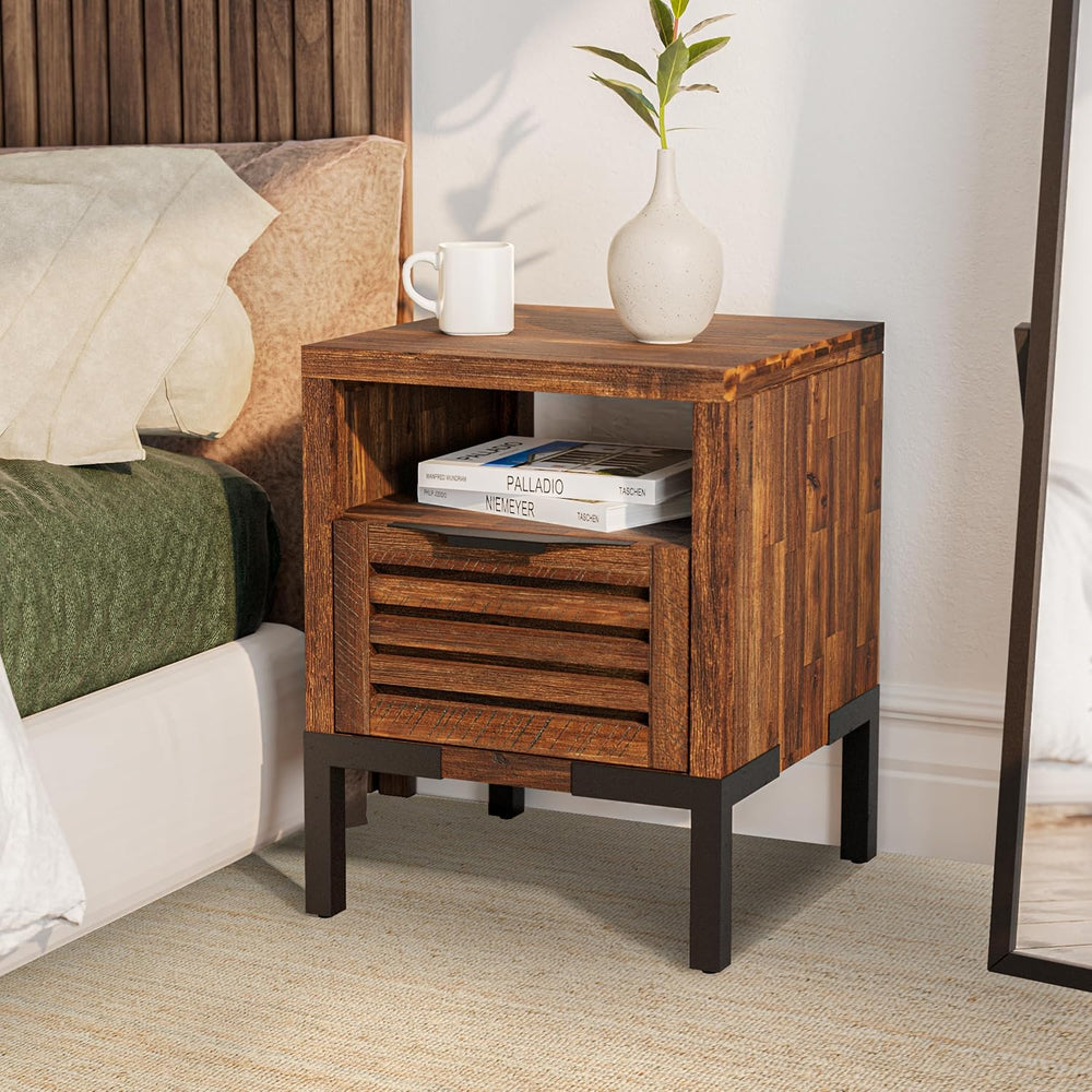 Bme Millie Solid Acacia Wood Rustic Nightstand with Drawers & Open Shelf,...