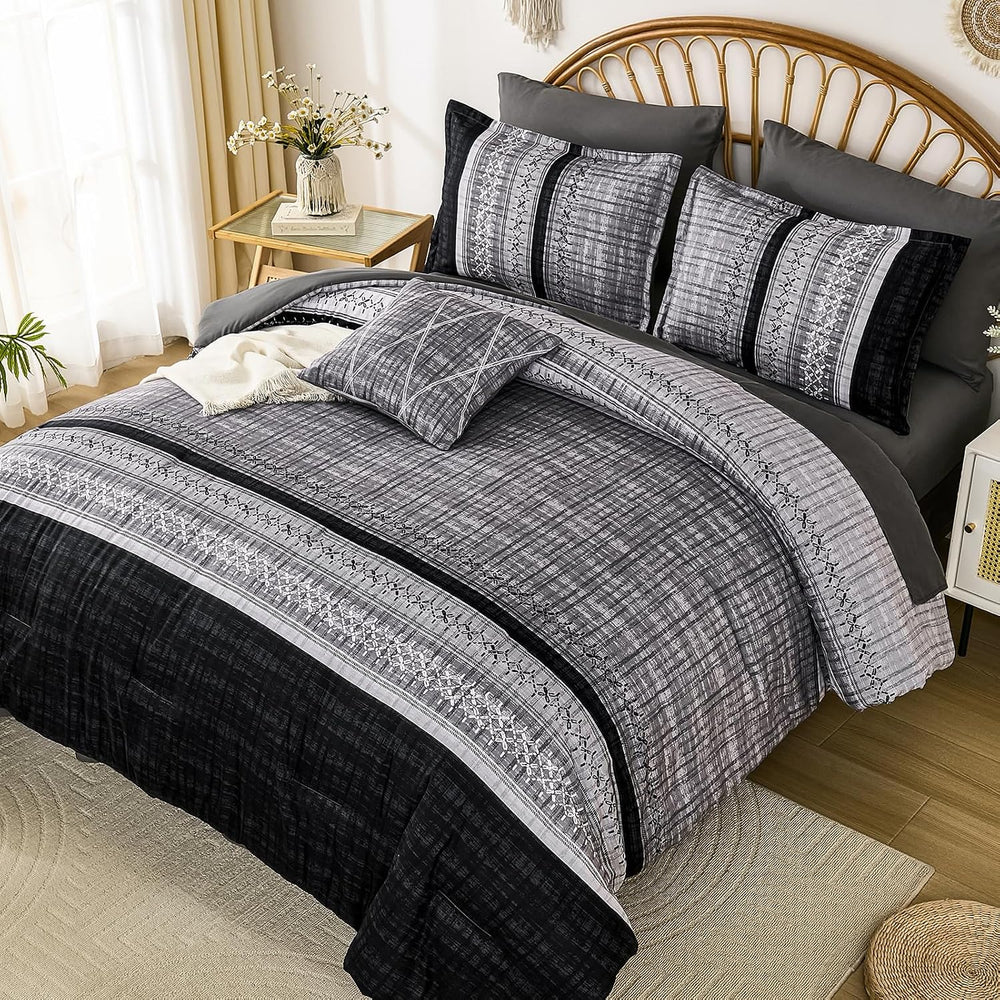 Dintszyayue Black Comforter Set King Size, 8 Pieces Boho Striped Bed in a Bag...
