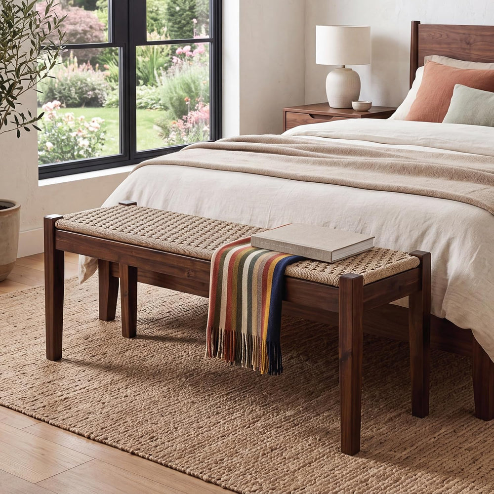 Vintage Entryway Bench with Woven Rope Seat, 46" Acacia Wood, Dark Brown