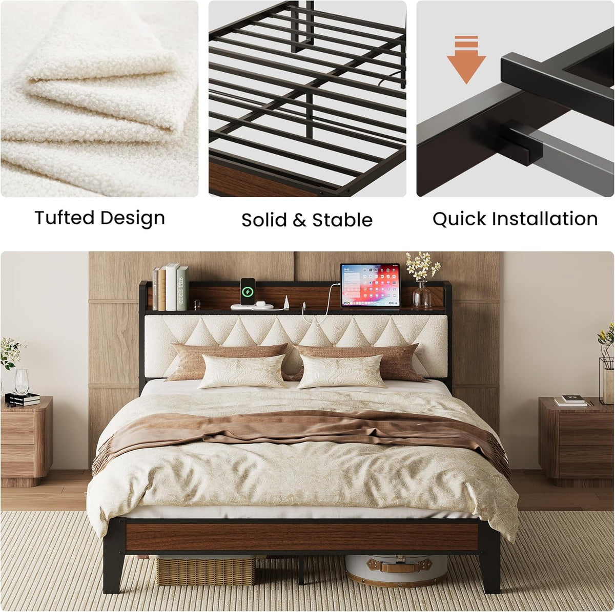 anctor queen bed frame with headboard & charging, front angle view