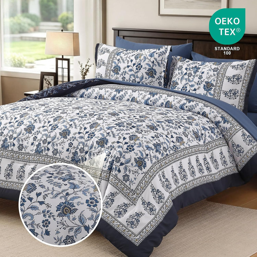 Comforter Set Queen Size Boho, Reversible Blue Bedding Paisley Floral