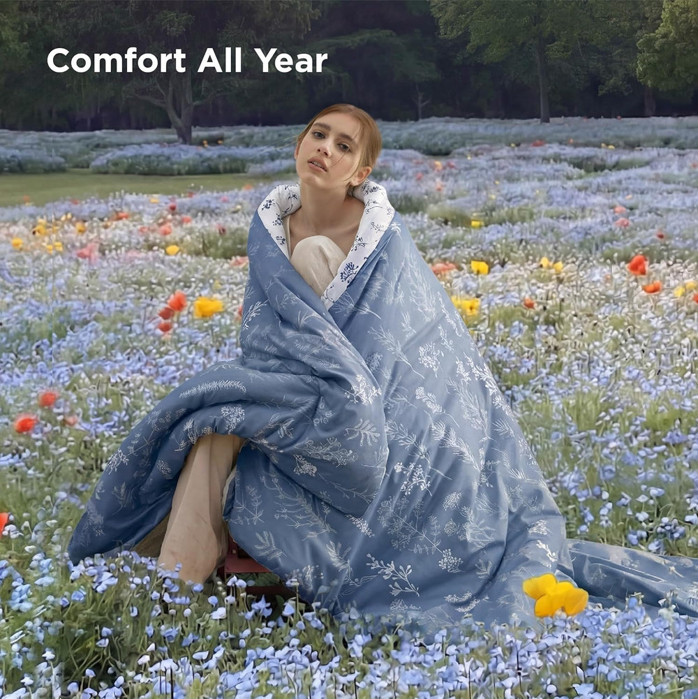Bedsure Floral Comforter Set Cute Bedding Set Queen Reversible Infinity Blue