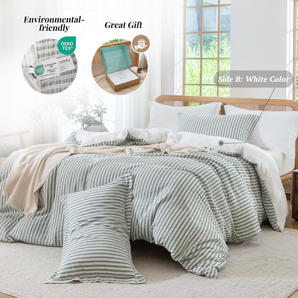 MILDLY Jacquard Striped Duvet Cover Set 3pcs Dual Zipper Sage Queen
