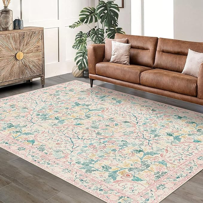 MUJOO Pink 5x7 Area Rugs, Floral Washable Rug - Image 7