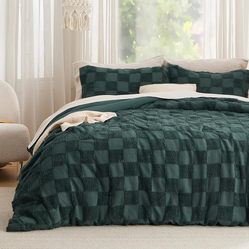 Bedsure Queen Size Comforter Set Emerald, Boho Tufted Bed Set, Checkered Farm...