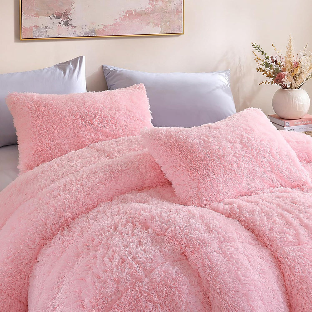Fluffy Queen Comforter Set, Faux Fur Pink Comforter Set 3 Pcs