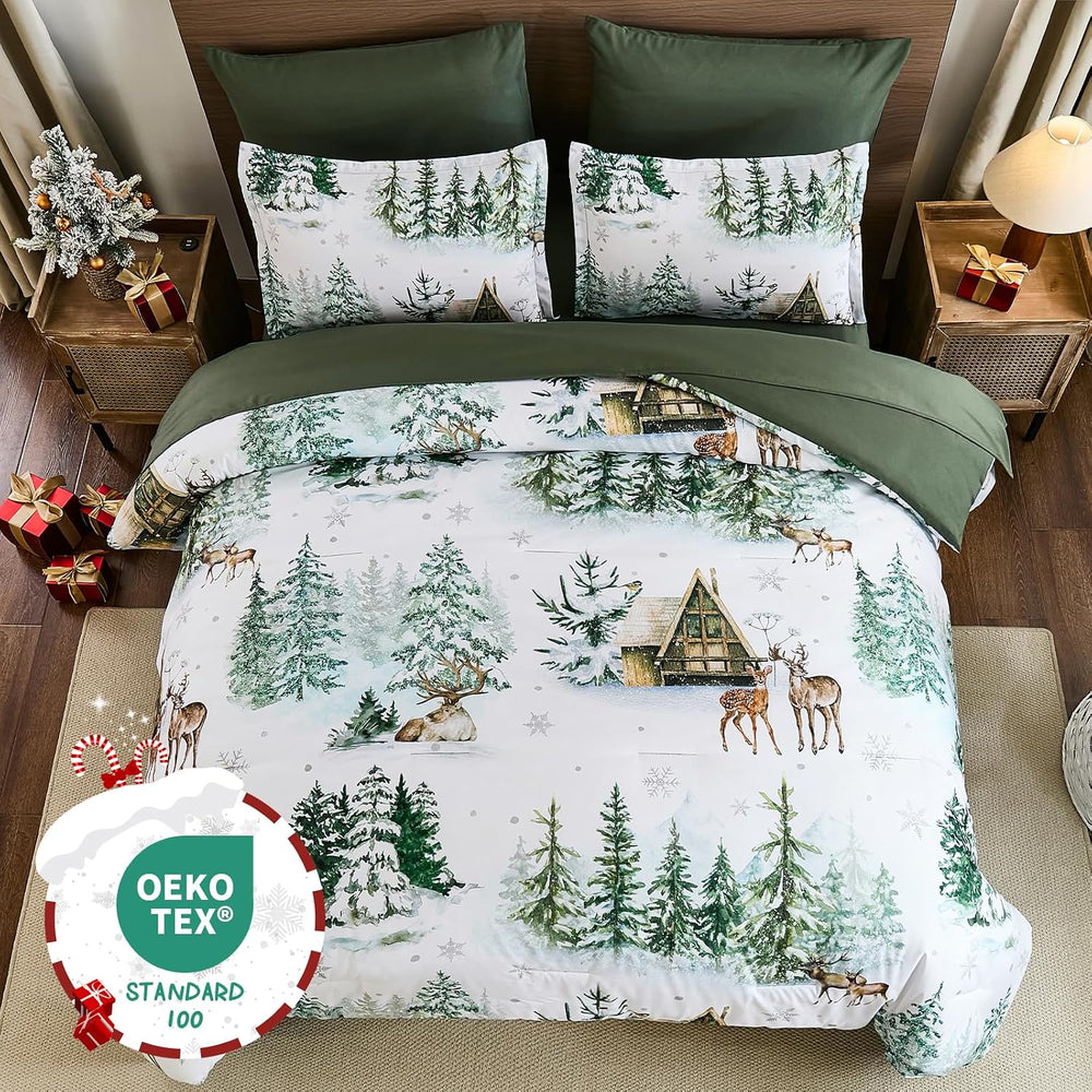 Green Comforter Set 7 Piece Queen Size, Christmas Bedding Set Festive