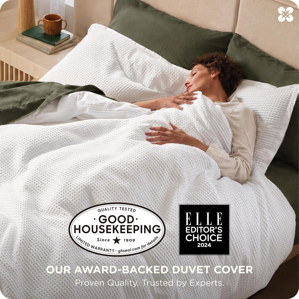 Bedsure PureWoven 3 Pieces 100% Cotton Waffle Duvet Cover Set, King, White