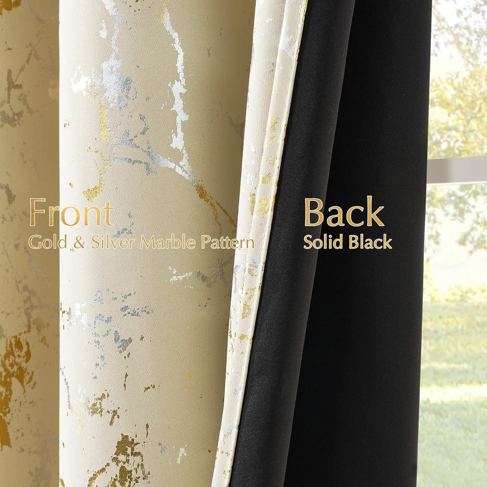 NICETOWN Sliver Gold Foil Patterned Beige Blackout Curtains 84 Inches Long