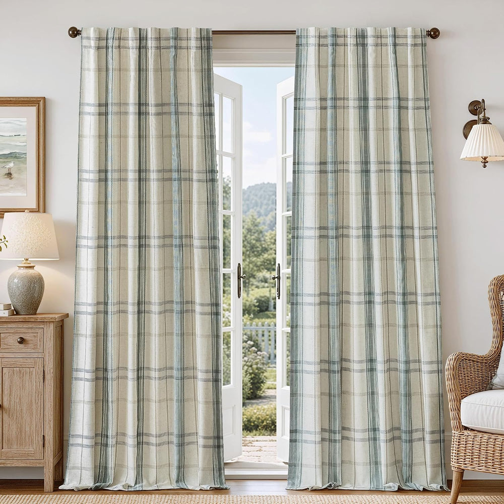 DriftAway 100% Blackout Plaid Linen Chenille Curtains 84 Inches Loden Green