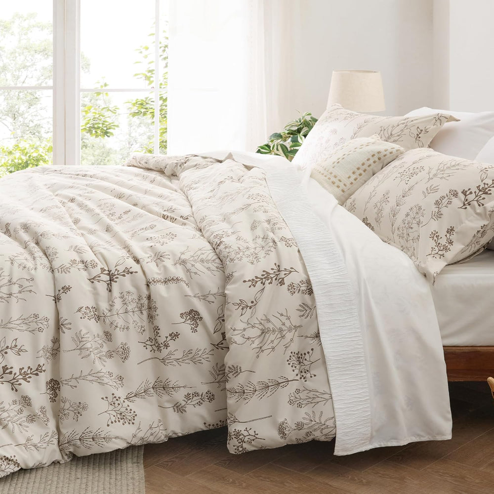 Bedsure Floral Comforter Set Cute Bedding Set Queen Reversible Beige
