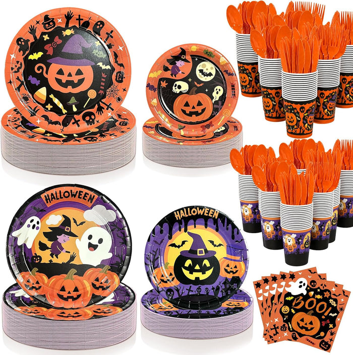 UJoyant 700 PCS Halloween Plates and Napkins Sets, Halloween Party Supplies Includes Disposable Plates Dessert Plates Napkins Cups Plastic Knives Forks Spoons Disposable Dinnerware Set (100 Guest