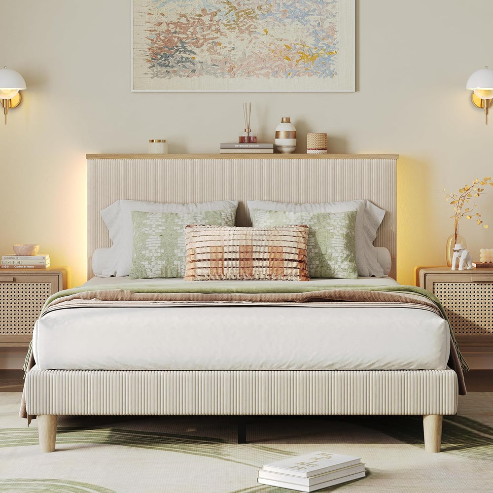 Bestier Full Bed Frame with Adjustable Headboard & LED, Upholstered, Beige