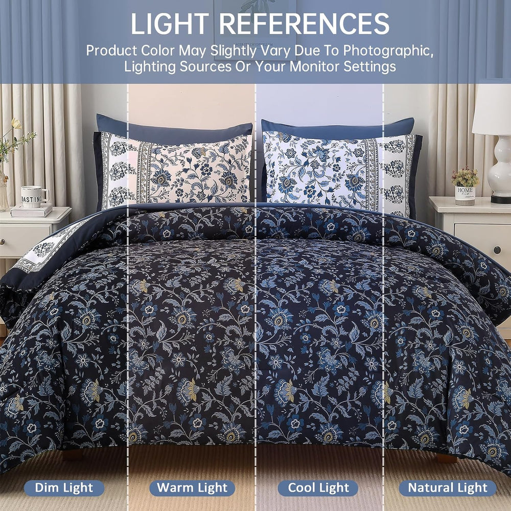 Comforter Set Queen Size Boho, Reversible Blue Bedding Paisley Floral