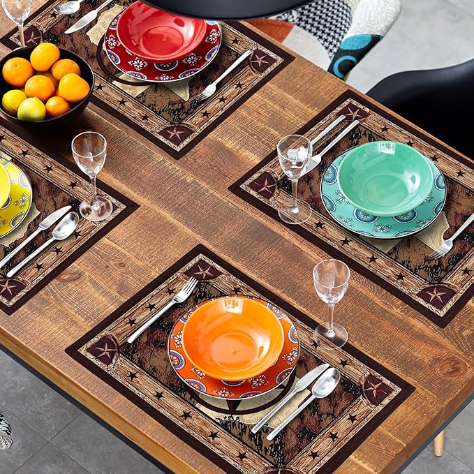 Giwawa Texas Stars Placemats Set of 4, Rustic Western Style Brown Wood Linen - Image 8