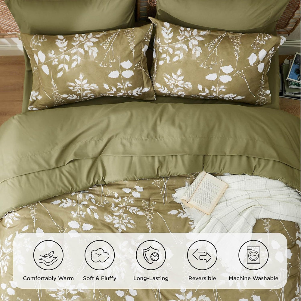 Bedsure Floral Olive Green Comforter Set, Full Bedding Sets, 7 Piece