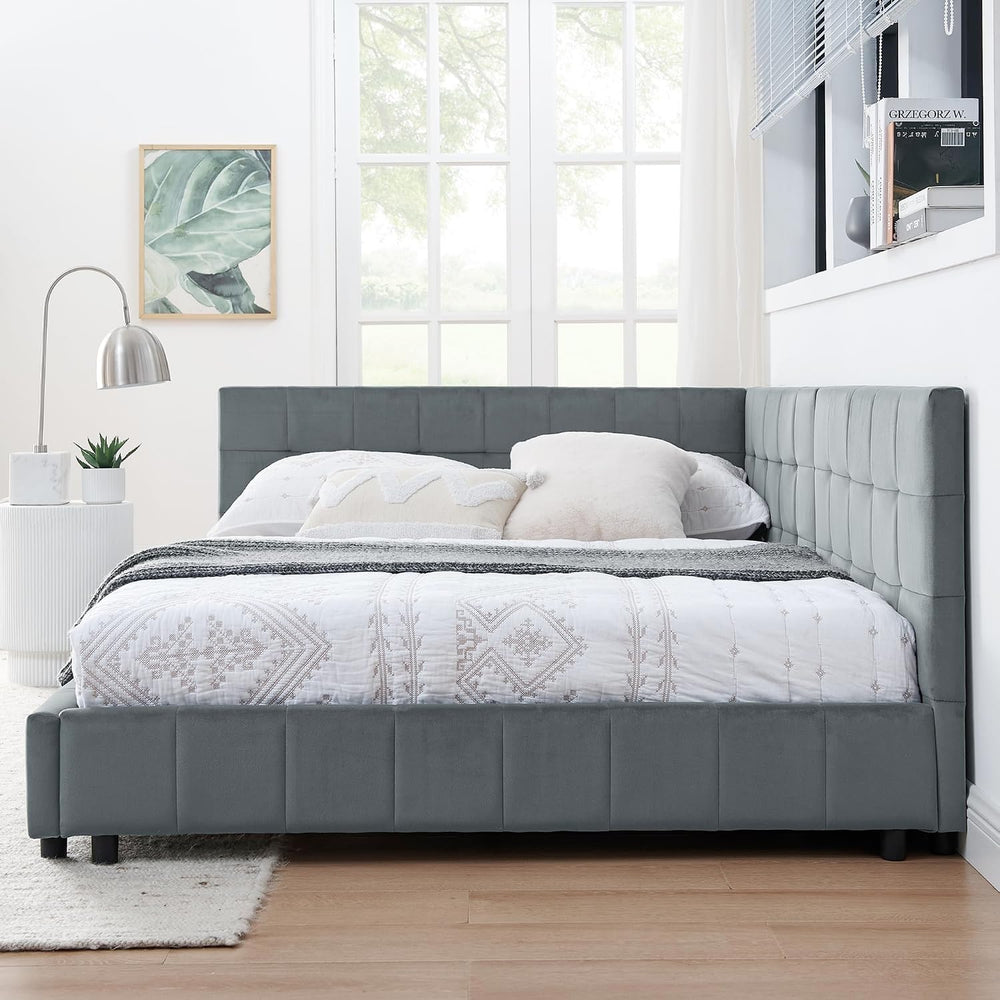 SOFTSEA Full Size Upholstered Corner Bed, Modern Daybed with L-Shaped Backres...
