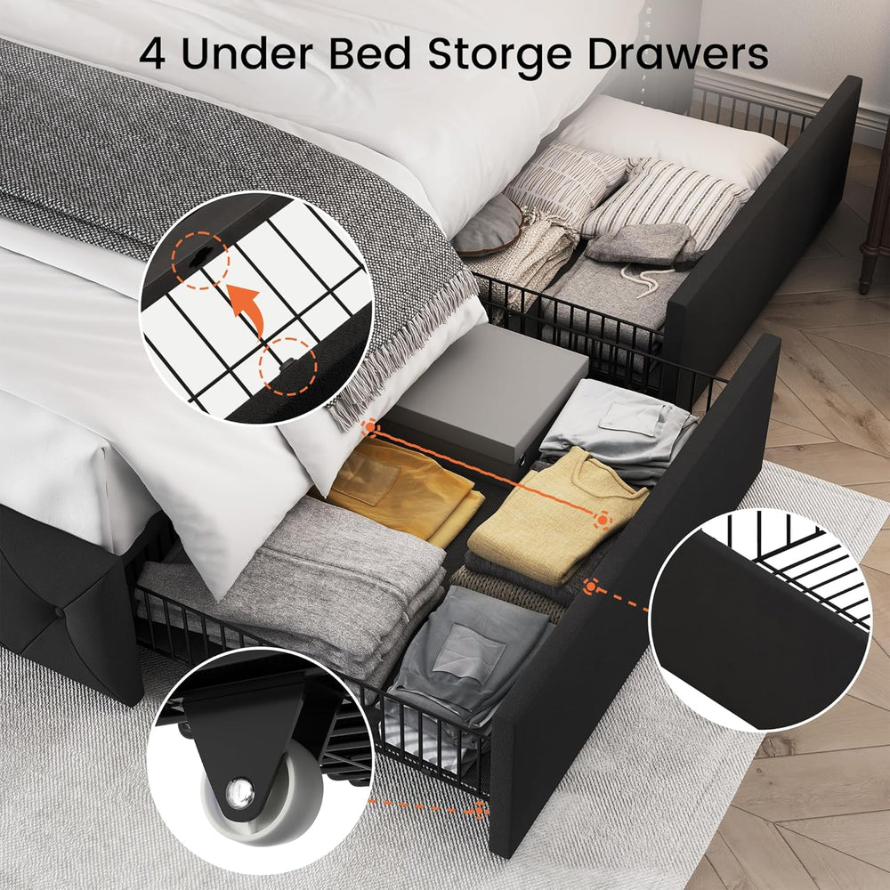 LARMACE Queen Size Bed Frame with 4 Storage Drawers and 47.2" Tall Wingb...