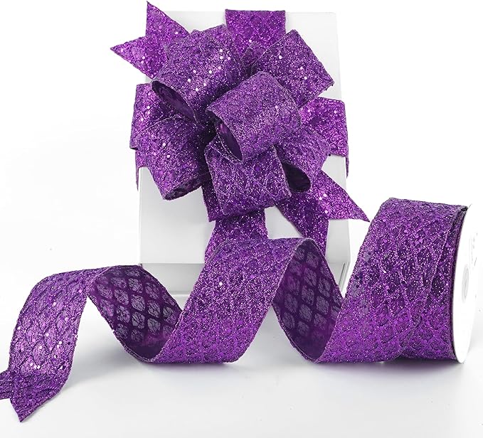 HUIHUANG Purple Wired Ribbon for Christmas Tree 2.5 inch Purple Glitter Diamond - Image 7