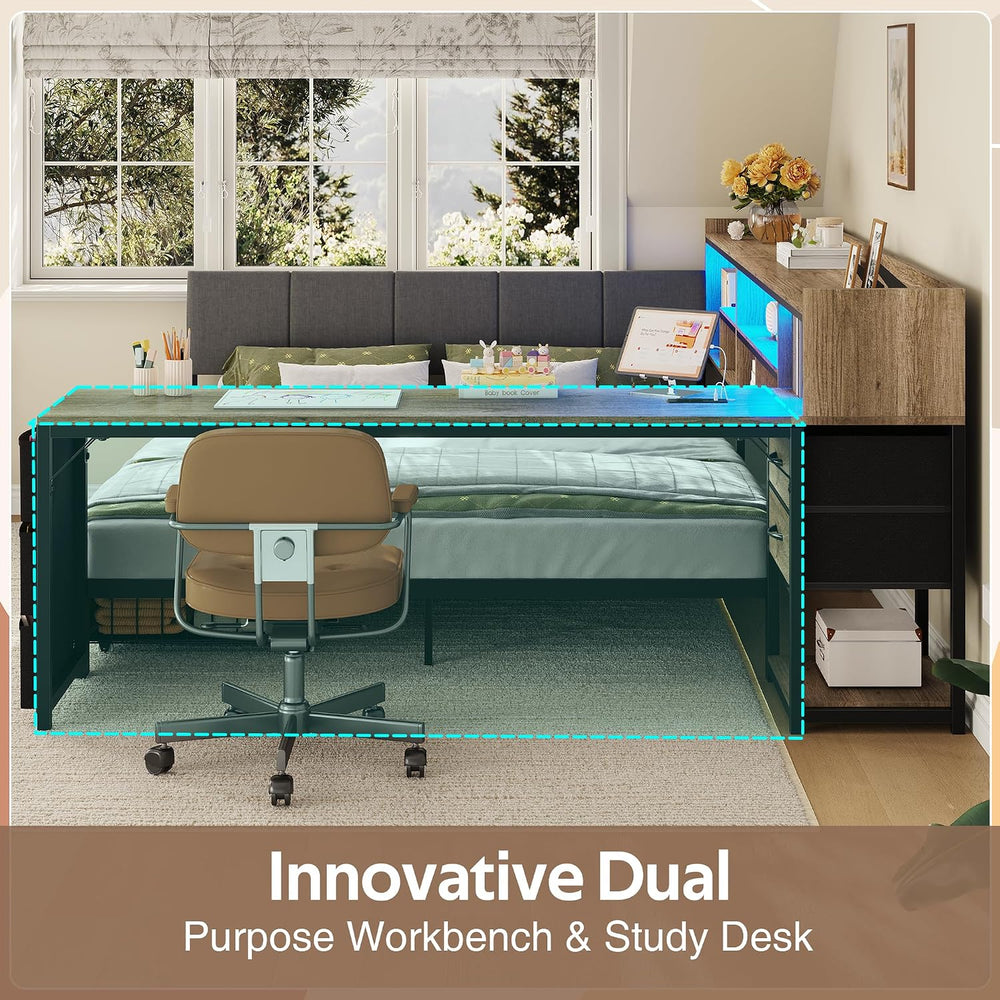 Space-Saving Corner Bed Frame Full with Storage & Desk, Oak Gray
