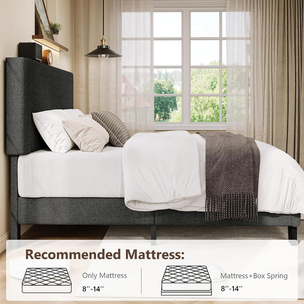 Feonase Full Size Bed Frame with Upholstered Headboard, Linen Platform Bed Fr...