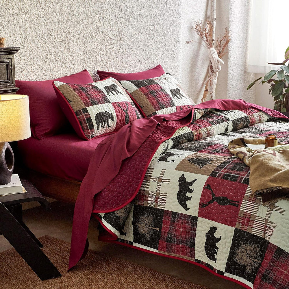 Wake In Cloud - Rustic Quilt Set, Cabin Lodge Christmas Bear Moose Deer Wildl...