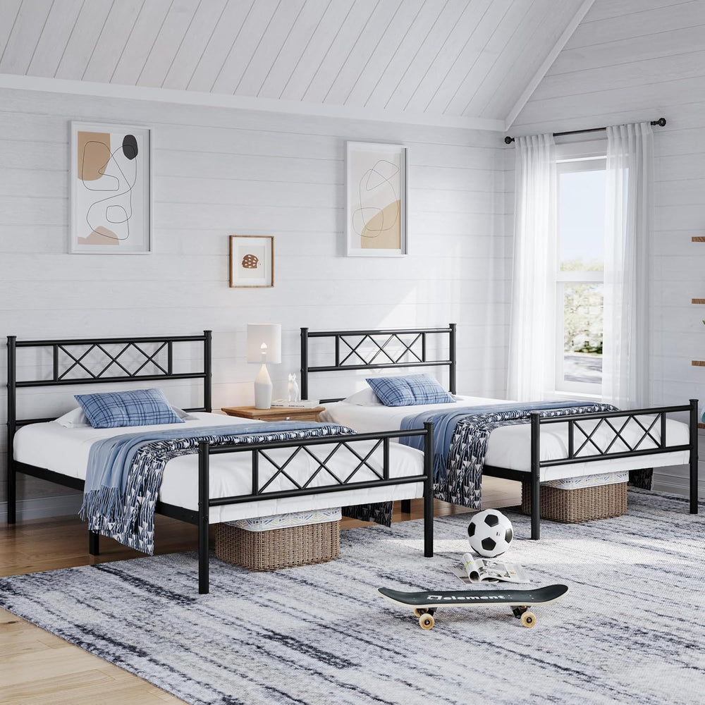 Yaheetech 2pcs Twin Metal Platform Bed Frame with Headboard Footboard Black
