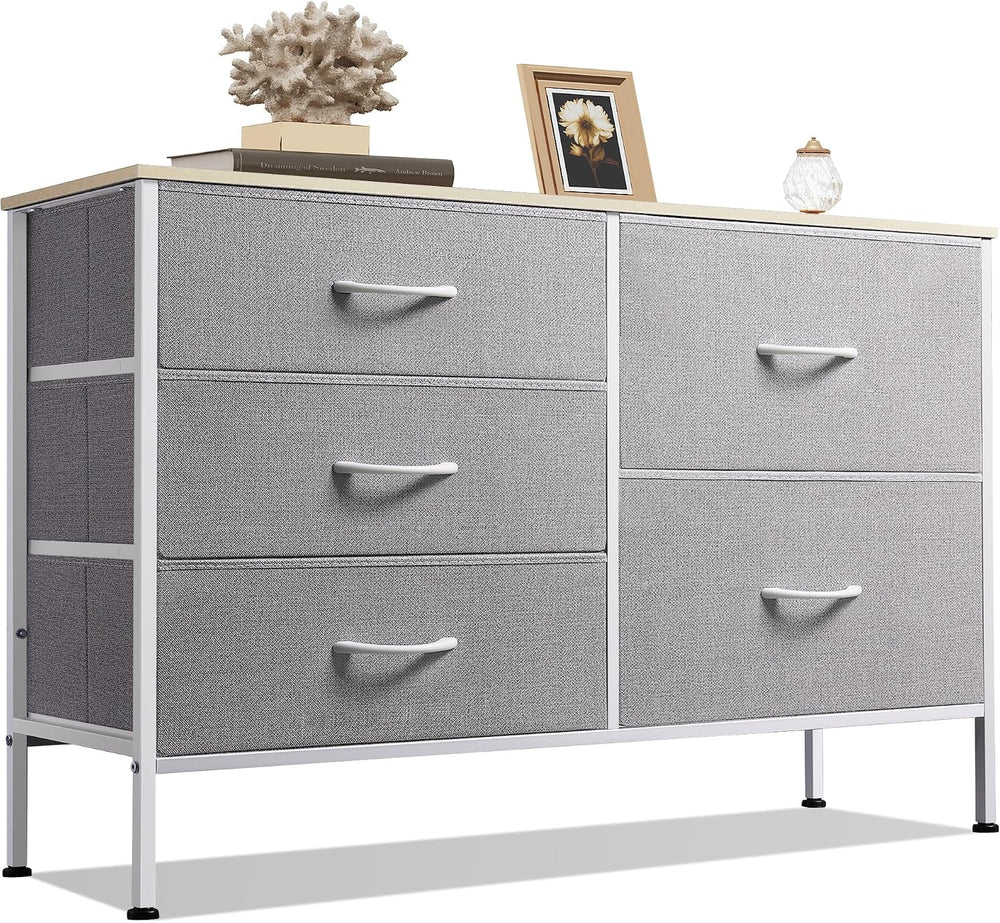 WLIVE 5 Drawer Fabric Dresser for Bedroom, Wide Storage Chest, Light Grey