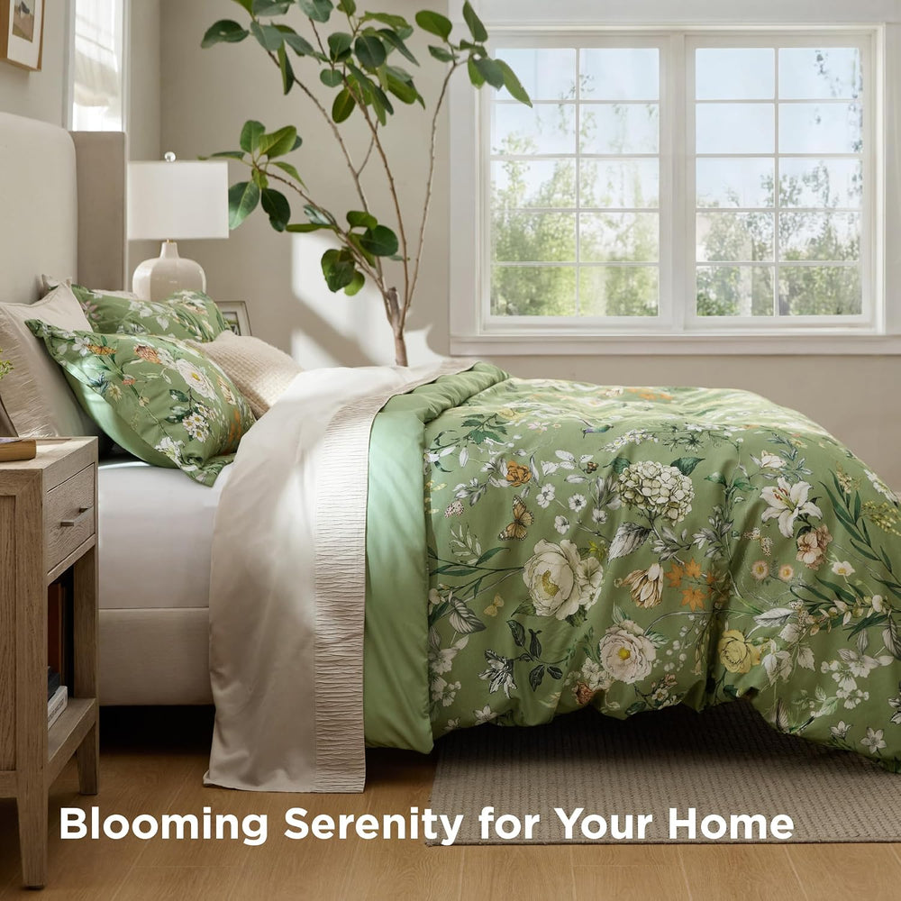Bedsure Duvet Cover King Size - Reversible Green Floral&Bird Duvet Cover ...