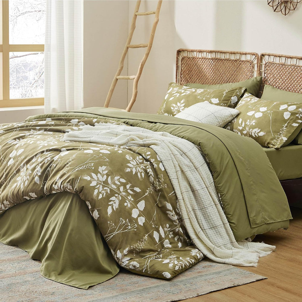 Bedsure Floral Olive Green Comforter Set, Full Bedding Sets, 7 Piece