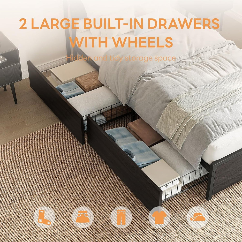 LIKIMIO Twin Bed Frame with DIY Layout Storage Drawers and LED Light