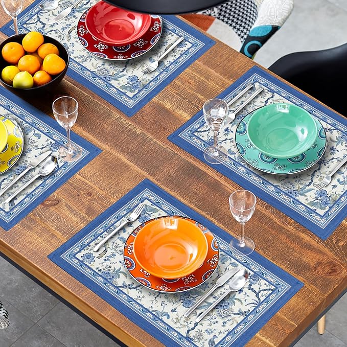 Giwawa 4PCs Chinoiserie Placemats Blue White Floral Birds Decorative Linen - Image 8