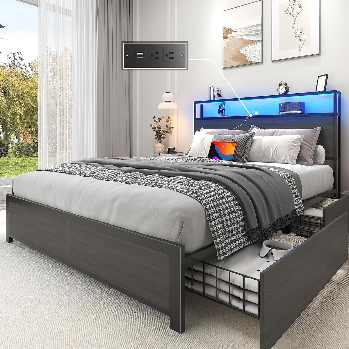 lifezone full bed frame with 2-tier storage headboard, main product view