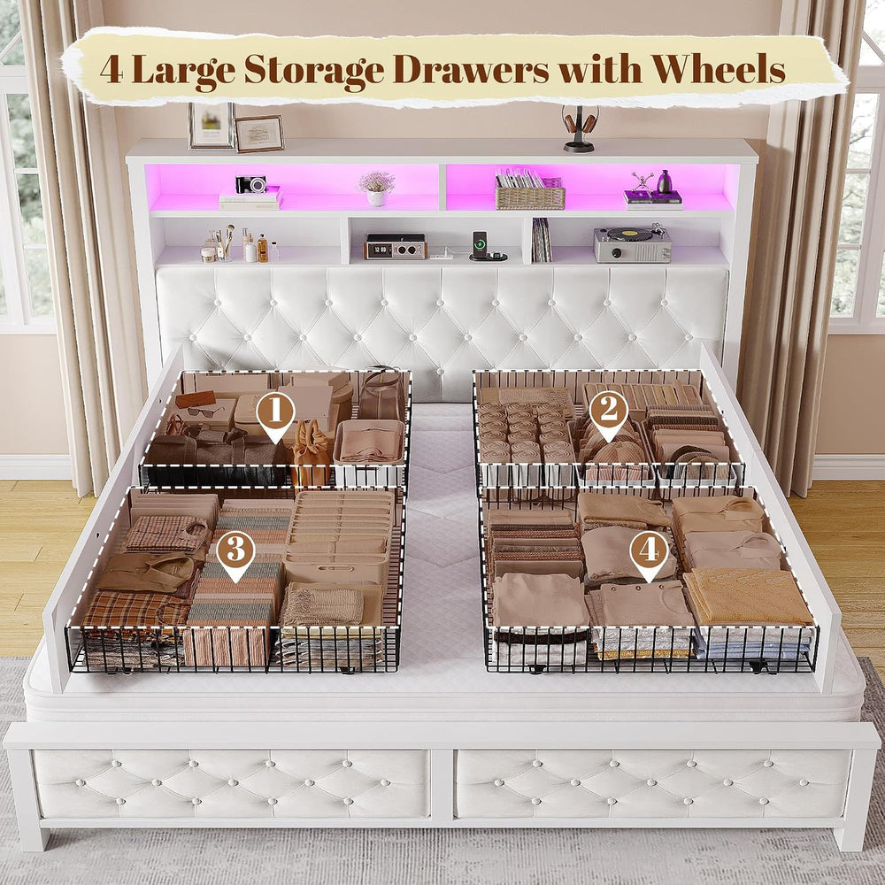 EnHomee King Size Bed Frame with 4 Storage Drawers & Charging Station