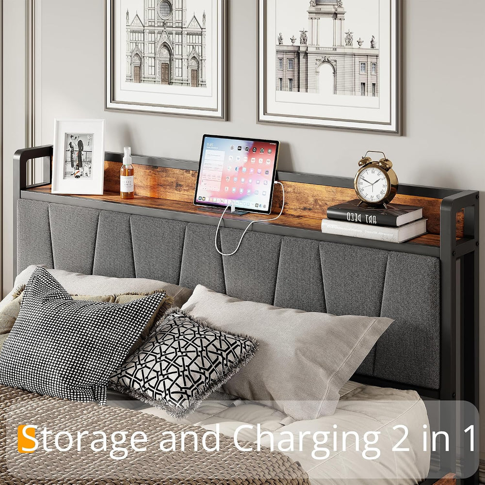 LIKIMIO King Size Bed Frame with 4 Storage Drawers and Charged Headboard
